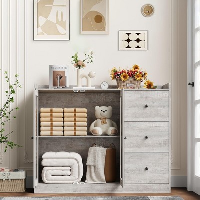 Homhougo Sideboard Buffet Cabinet with Storage, 43" Coffee Bar Cabinet with Glass Doors and 3 Drawers Gray