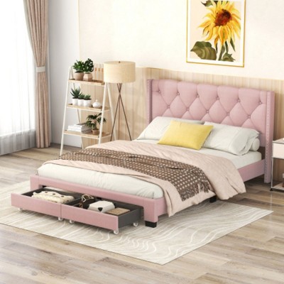 Queen-Size Linen Upholstered Platform Storage Bed with 2 Drawers in Pink
