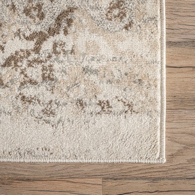 Beige Round Washable Floral Synthetic Area Rug