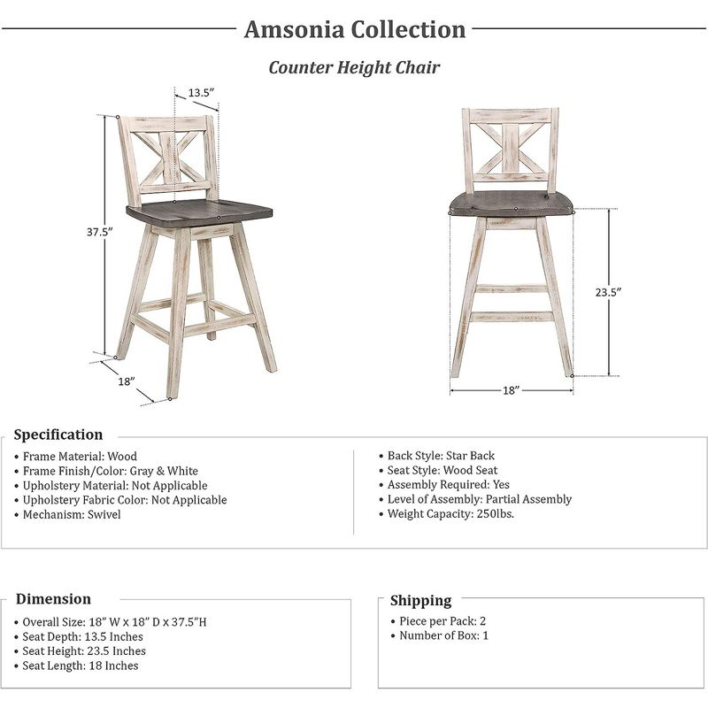 Homelegance Amsonia 360 Swivel High Dining Chair Stool Set for Counter Height Bars, Pubs, or Kitchens, Distressed White and Gray (2 Pack), 6 of 7