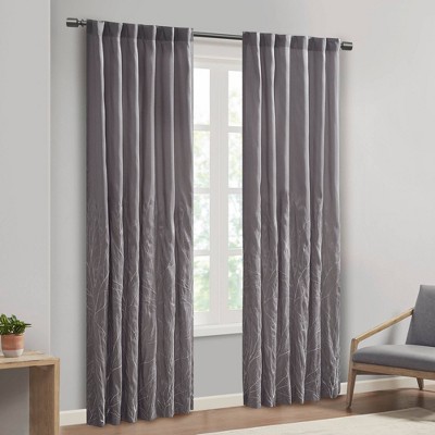 Gray Faux Silk Embroidered Puddle Length Curtain Panel