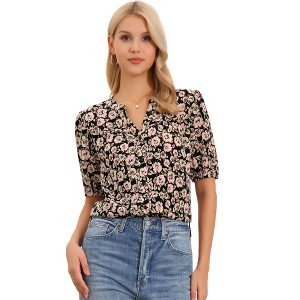 INSPIRE CHIC Women's Boho Floral Button Up V Neck Dressy Casual Short Sleeve Blouse - 1 of 4