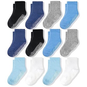 CozyWay Non-Slip Crew Grip Boys Socks, 12 Pack for Boys, Black/White/Gray/Blue/Light Blue/Aqua, 7-9 Years Old - 1 of 4