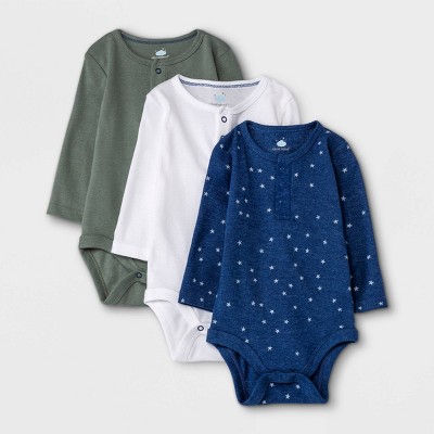Image of Baby Boys' 3pk Basic Henley Long Sleeve Bodysuit - Cloud Island™ Dark Green 0-3M