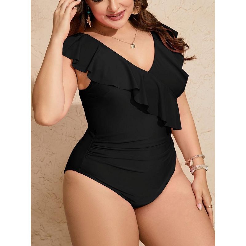 Womens Plus Size Swimsuits Ruffled One Piece Flounce Sleeve Swimwear V Neck Bathing Suit for Plus Size Women, 4 of 8