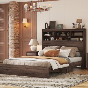 Queen Size Wooden Platform Bed with Storage Headboard and USB Charging Ports for Bedroom or Apartment - 1 of 4