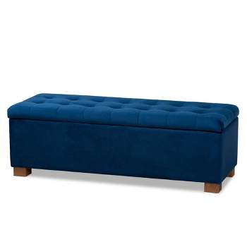 Roanoke Velvet Upholstered Grid Tufted Storage Ottoman Bench Navy Blue/Brown - Baxton Studio