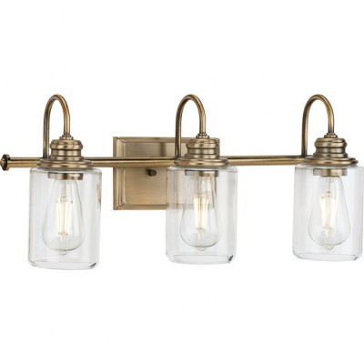 Progress Lighting Aiken 3-Light Vintage Brass Farmhouse Bath Vanity Light with Clear Glass Shades