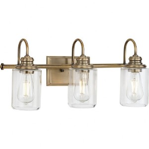Progress Lighting Aiken 3-Light Vintage Brass Farmhouse Bath Vanity Light with Clear Glass Shades - 1 of 4