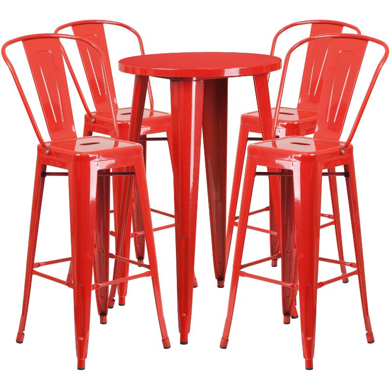 Merrick Lane Outdoor Dining Set with 24" Round Table and Slatted Back Bar Stools with Footrests, 1 of 6
