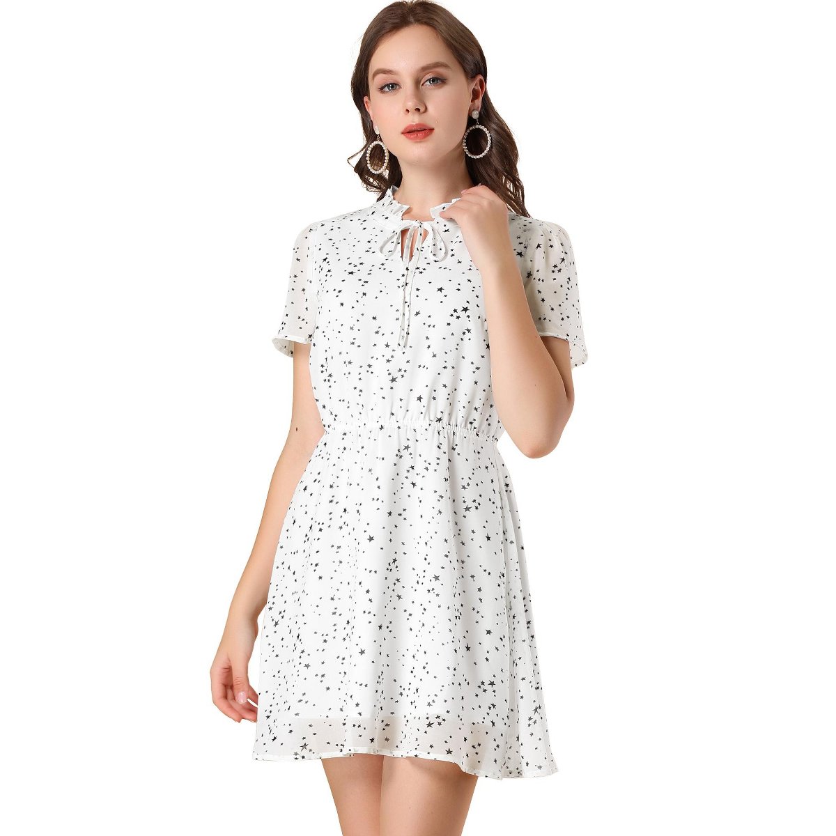 Женские платья INSPIRE CHIC Women's Tie Neck Flare Sleeve Stars Mini Dress White Large — фото 3