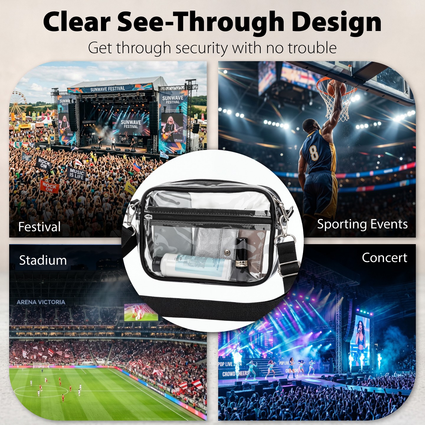 Сумка Garnen Clear Bag for Stadium Events, Clear Purse Crossbody, Clear Stadium Approved Bags See Through Bag With Zipper and Adjustable Strap — фото 6