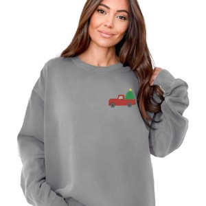 Embroidered Truck Christmas Tree - Women's Garment Dyed Graphic Sweatshirt - 1 of 4