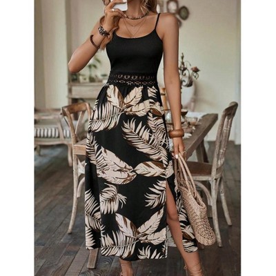 Mocamel  Tropical Print Guipure Lace Insert Split Thigh Cami Dress