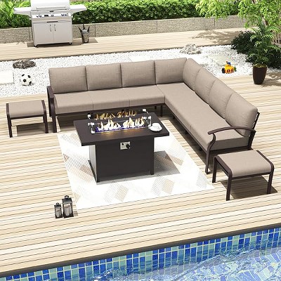 ALAULM Aluminum Patio Furniture Set Modern Metal Outdoor Conversation Sets w/45in Propane Fire Pit Table, Patio Sectional Sofa w/5.1 Inch Cushion