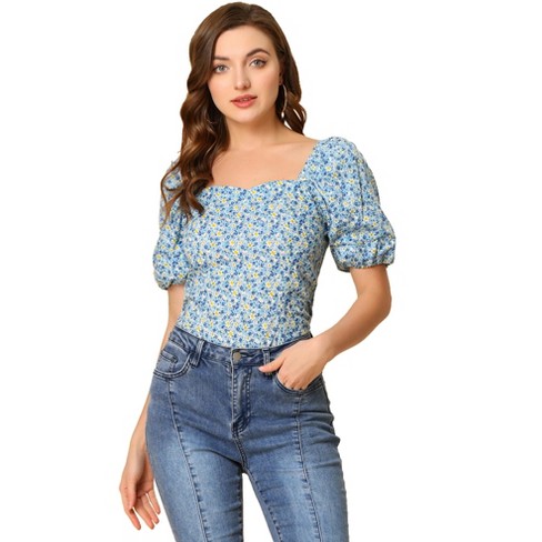 Allegra K Women's Puff Sleeve Square Neck Peasant Floral Blouse Blue ...