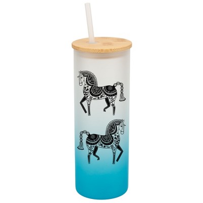 Elanze Designs Majestic Floral Horse Sky Blue Frosted Gradient Glass Tumbler with Bamboo Lid & Straw 25 ounce Reusable Iced Coffee or Water Cup,
