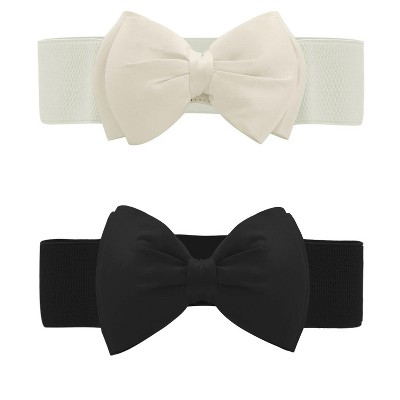 INSPIRE CHIC Women's PU Leather Elastic Band Bowknot Decor Stretch Belt 2 Pcs