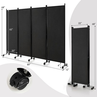 Black 4-Panel Folding Room Divider with Lockable Wheels