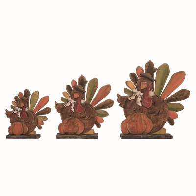 Transpac Wood 12.8 in. Multicolor Harvest Turkeys with Pumpkin Set of 3