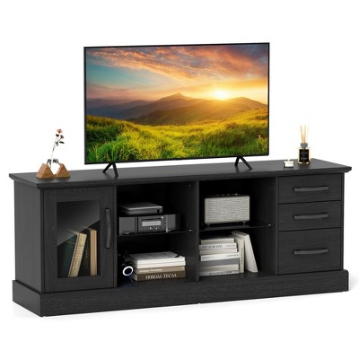Tangkula 63" Media Console Table w/ 3 Drawers 2 Glass Shelves Cable Holes for Living Room Black