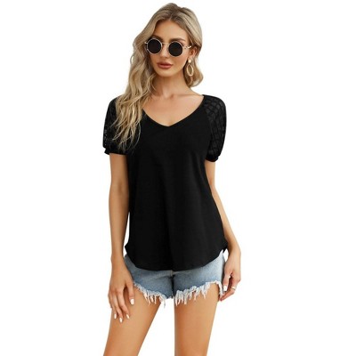 Womens Summer Tops Casual Short Sleeve V Neck T Shirts Loose Mesh Solid Color Patchwork Tunic Blouse Shirts