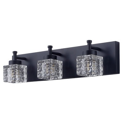 Dewdrop Modern 3-Light Vanity Light, Black Metal Wall Fixture with Cube Glass Shades