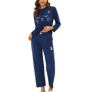 cheibear Women's Lounge Cute Cat Long Sleeve Tops with Pants Pajama Set - 1 of 4
