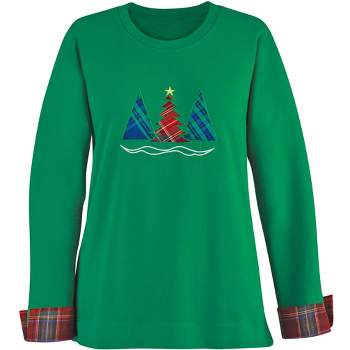 Collections Etc Festive Plaid Christmas Tree Sweatshirt with Plaid Cuffs