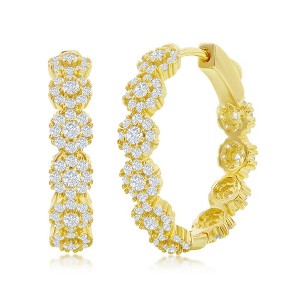 Bella Silver Sterling Silver 25mm CZ Flower Design Hoop Earrings - Gold Plated - Gold - 1 of 2