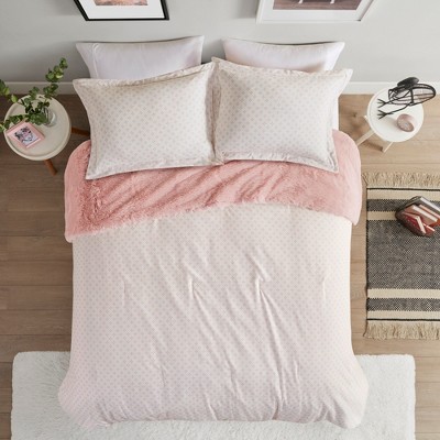 Shaggy Faux Fur Soft Luxury Reversible Comforter Set, All Season Luxury Petal Print Lightweight Cozy Bedding Set with Matching Sham & Pillow Cases