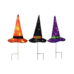 Season's Designs Set of 3 Multicolored Halloween Witches Hats Lawn Stakes Decoration with On/Off Switch Requires 3 AA Batteries Not Included Outdoor - 1 of 1