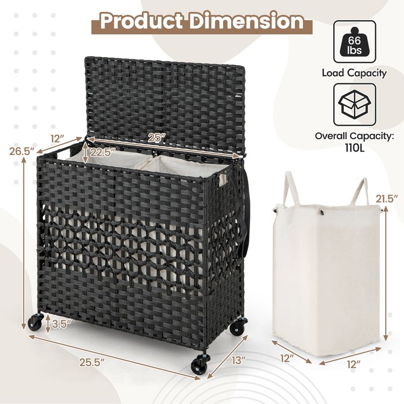Costway 110L Laundry Hamper with Wheels Clothes Basket Lid & Handle & 2 Liner Bags Natural/Black/Brown, 3 of 11