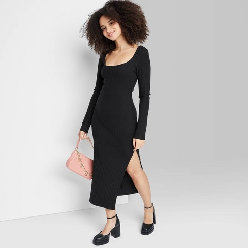 Women's Long Sleeve Rib Knit Midi Dress - Wild Fable™ Black XXS