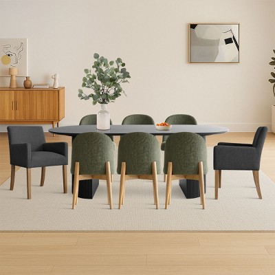 9-Piece Oval Dining Table Set, 79'' Black Pedestal Table with 6 Armless & 2 Armrest Upholstered Chairs, Modern Dining Room Set-Maison Boucle