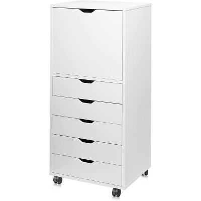 GALAXHERO 5-Drawer Wood Dresser with Top Cabinet, Mobile Storage Chest for Home Office, White