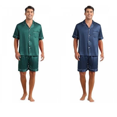 INSPIRE CHIC Men's 2 Pack Satin Pajamas Set Classic Short Sleeve Loungewear
