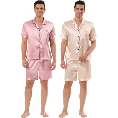 Lars Amadeus Men's Short Sleeves Top and Pants Solid Color Satin Pajama Sets 2 Pack