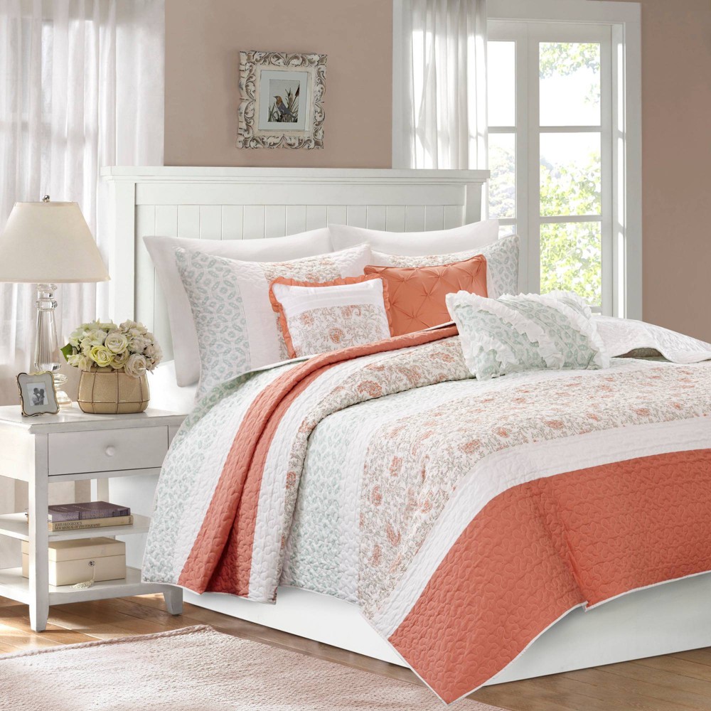 Photos - Bed Linen Madison Park 6pc King/California King Reversible Stella Percale with Throw Pillows Quilt Bedding Set Coral: Includes Embroid