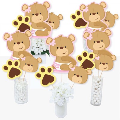 Big Dot of Happiness Baby Girl Teddy Bear - Baby Shower Centerpiece Sticks - Table Toppers - Set of 15