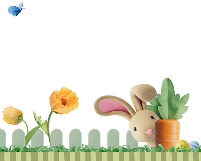 A bunny appears on the right side of the screen behind a carrot. On the left side of the screen two yellow flowers and a blue butterfly appear. 