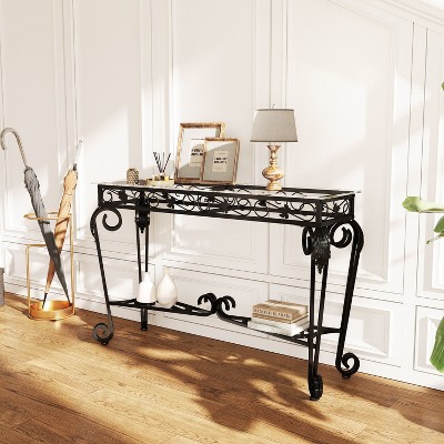 NicBex Narrow Console Table with Glass Tabletop and Metal,Entryway Table with Storage Space,Modern Couch Table for Living Room,Black