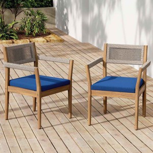 Set of 2 Acacia Wood Outdoor Dining Chairs with Cushions, Patio Dining Chair Teak Look with Beige Rope, Outdoor Dining Chair Set for Balcony-Koiai - 1 of 4