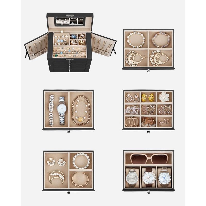 SONGMICS 6 Tier Jewelry Box, Jewelry Case with 5 Drawers, Large Storage Capacity, with Mirror, Lockable, Jewelry Storage Organizer, Black, 4 of 10
