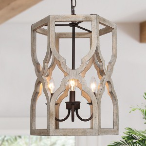LNC Quaint 3-Lights Farmhouse Lantern Chandelier, Antique Bronze and Distressed White Wood,14in/16in - 1 of 4
