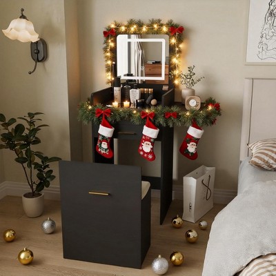 ELECWISH Vanity Set with Flip-top Mirror and Lights, Compact Mini Dressing Table with Fold-up Panel and Storage Chair