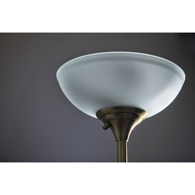 71" Black and Antique Brass Torchiere Floor Lamp with Frosted Glass Shade