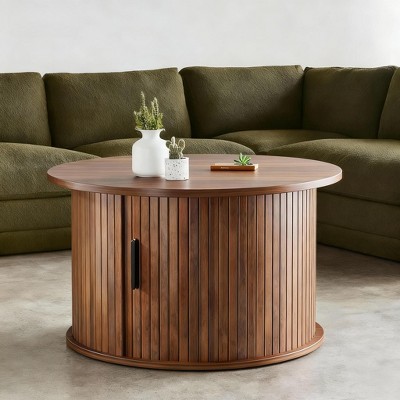WOWLIVE Lift Top Coffee Table with Sliding Tambour Door, Round Fluted Coffee Table with Hidden Storage, Center Table for Living Room