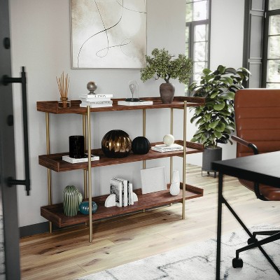 Walnut Wood Grain 3-Shelf Bookcase with Polished Brass Frame
