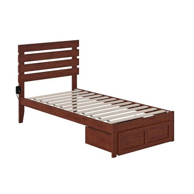 Walnut Twin Wood Platform Bed with Storage Drawer and USB Charger